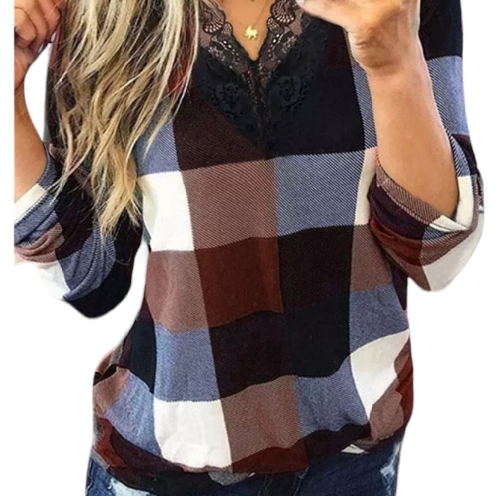 Plaid Lace V - Neck Long Sleeve Blouse